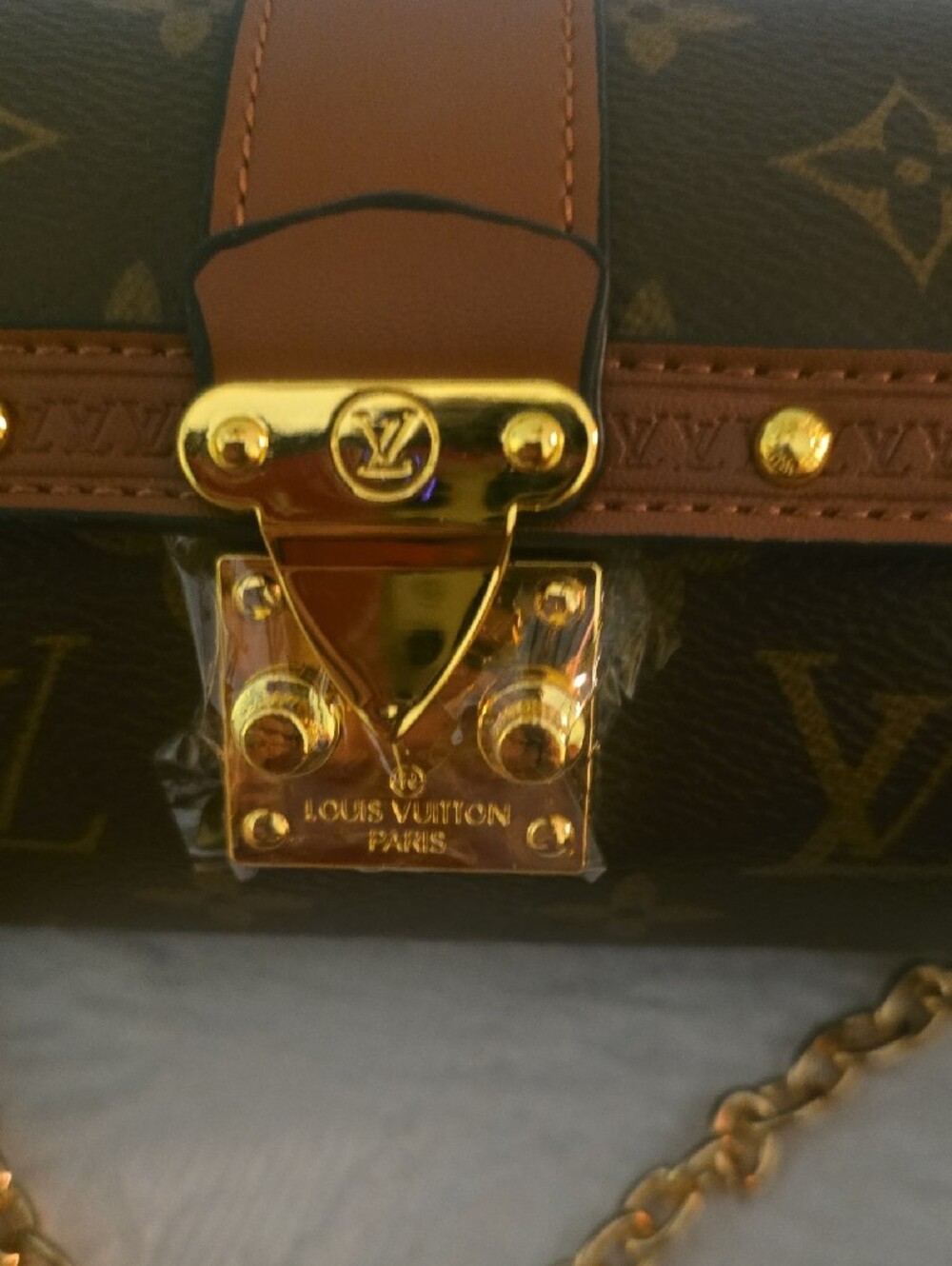Genuine Leather Brown Monogram Trunk-Style Crossbody with Gold Hardware - Picture 2 of 7